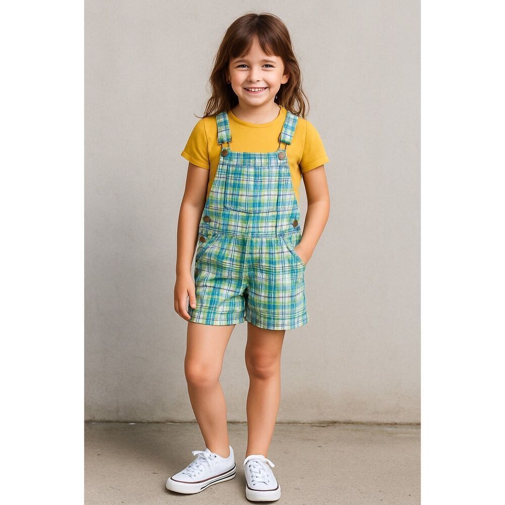RACHELS KIDS Shorts Overalls Kids Size 10 Blue Green Plaid Cotton Bib‎ Shortalls